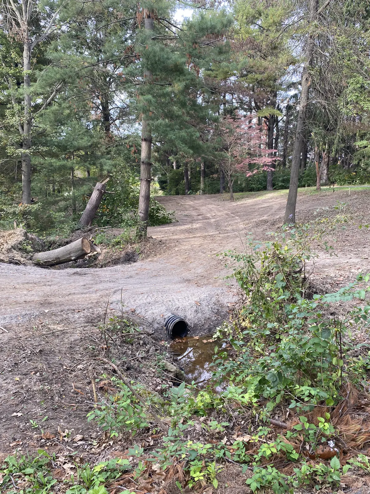 Culvert pipe under a rebuilt dirt drive, with water flowing through the ditch